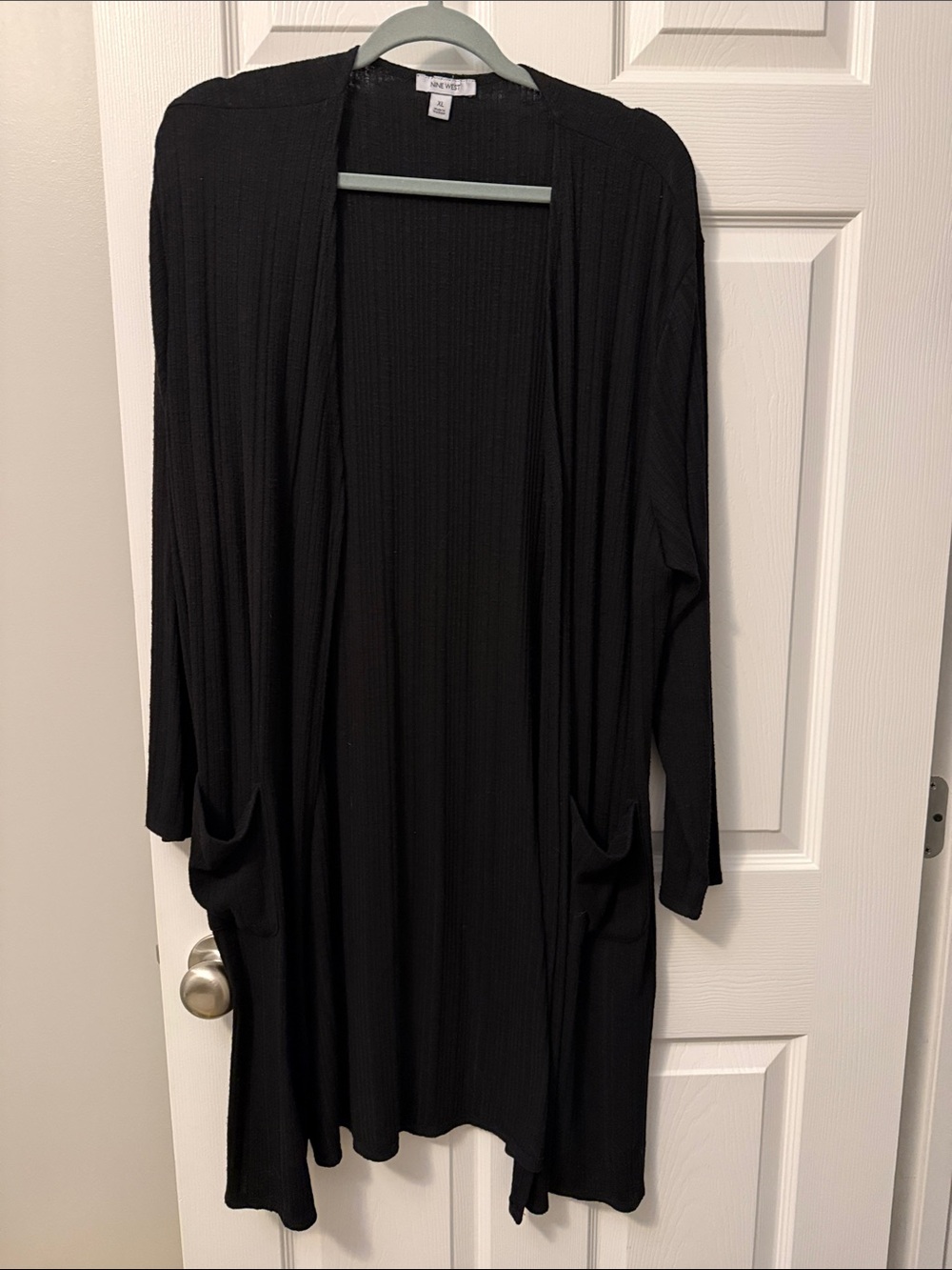 Nine West Black Long Open-Front Ribbed Cardigan